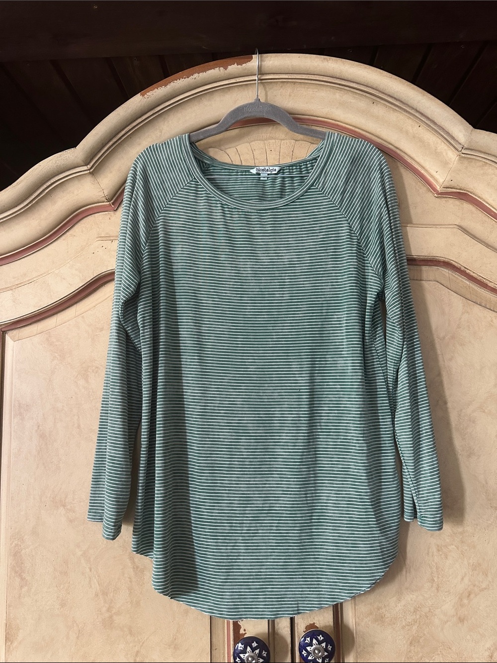 Nostalgia Green &  White Striped Long-Sleeve Top Shirt size Large